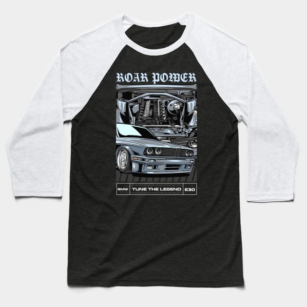 BMW E30 Roar Power Baseball T-Shirt by Harrisaputra